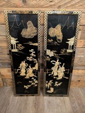 Pair Chinese Mother of Pearl Inlaid & Carved black lacquer panels vintage 