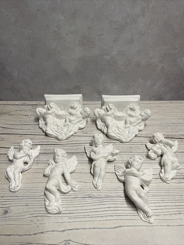 7pc white cherub angel wall - white,