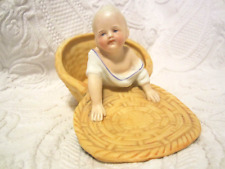 Delightful   Antique Bisque Porcelain Piano Baby in a Basket , Victorian