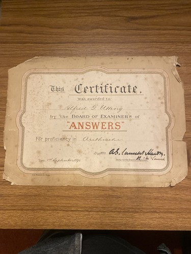 1891 certificate arithmetic - certificate,