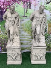 STONE GARDEN LARGE PAIR OF GREEK HERCULES STATUES ON MATCHING PLINTH ORNAMENTS