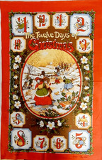 1 x Vtg Christmas 12 Days Victorian Snow Scene Tea Towel Festive Cotton C. Mayor