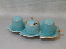Carlton Ware Vintage Cruet Set Turquoise Salt Pepper & Mustard on Leaf Tray