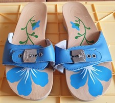 Women's Scholl Wooden Blue Leather Strap Flower Embellished Sandals 5 UK 38 EUR