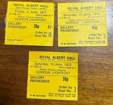 (3) GORDON LIGHTFOOT 1971 1972 - Concert Ticket Stub Albert Hall London
