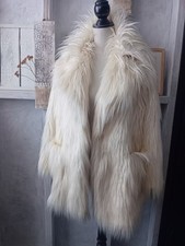 Cream Shaggy Faux Fur Jacket Vintage Car Coat Yeti Style Pockets Oversized 10/12