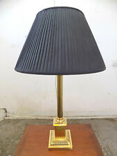 large,brass,table lamp,black shade,pleated,roman column,square base,light,lamp