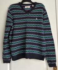 Penguin Mens Blue Green Red Fair Isle Striped V-Neck Cotton Mix Jumper Size XL