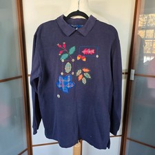 Vintage Tulchan sweatshirt navy autumn leaves embroidered cottagecore S 10 12