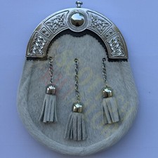 Scottish Handmade 100% Black Leather With Calfskin Sporran-Kilt Sporran For Sale