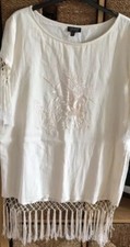 TOP SHOP CREAM SUMMER/ BEACH DRESS TASSLE  HEMLINE & ARMS EMBROIDERED FRONT S12