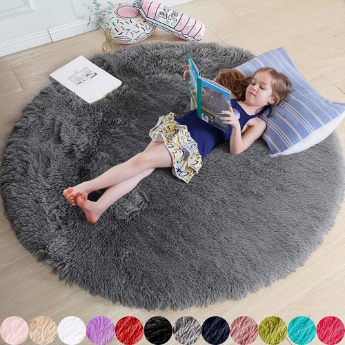 Grey fluffy shag circle rug - fluffy,