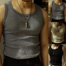Ribbed Knit I shaped Vest with Slim Fit Men's Sports Bottoming Tank Top