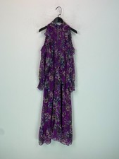 Zara Purple Floral Midi Dress Ruffle Cold Shoulder Long Sleeve High Neck Size S
