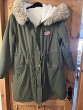 Lovely Very Warm Khaki Winter Coat Faux Fur Hood Size 16 0XL