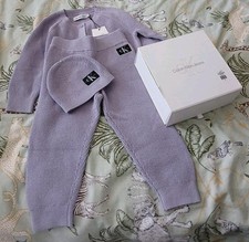 New CALVIN KLEIN Baby Girls Smokey Lilac Knit Cardigan, Joggers & Hat Set 18mths
