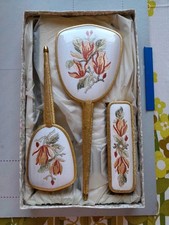Vintage Dressing Table Set Boxed  Peach Embroidered Floral Hand Mirror  Brushes