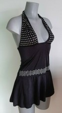 BLACK DIAMANTE STUD HALTER MINI SKIRT SKATER DRESS