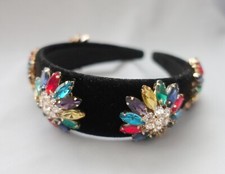 Black Velvet Headband with Multicolor Crystal Flower Gems – Elegant Jeweled Hair