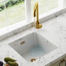 Astini Hampton 100 1.0 Bowl White Ceramic Undermount Kitchen Sink & Gold Waste