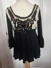 Rene Derhy Top UK size 8-10/S Unusual Beaded & Appliqued Bell Sleeve Black/Ivory