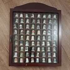 Vintage Dark Wood Thimble Display Case with Thimbles, Glass Door for 72 Thimbles