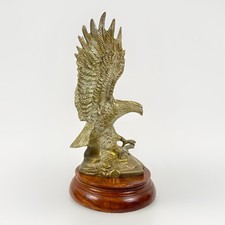 Solid Brass Vintage Bald Eagle Statue Ornament Mounted On Wooden Stand Bird Art