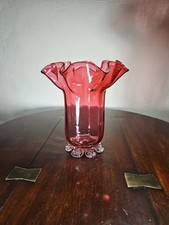Antique Victorian UV Sensitive Ruffled Rim Blown Cranberry Glass Footed Vase