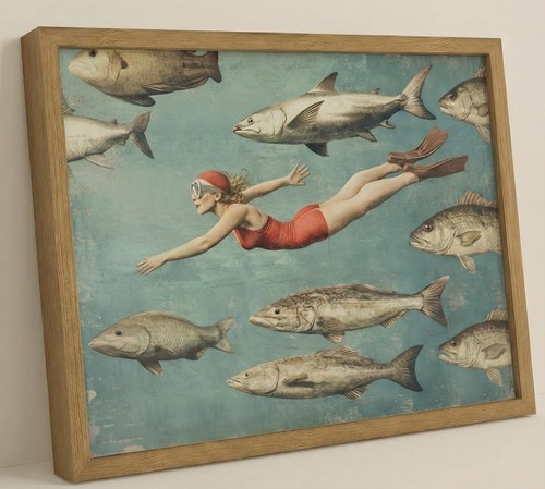 Vintage framed woman - woman, swimming
