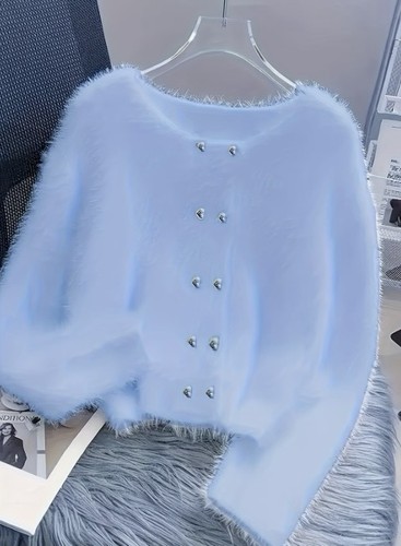 Blue fluffy knit cardigan - fluffy,