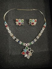 Multicoloured Semi Precious Stones, Nano Settings & AD Set With Matching Studs