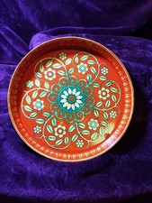 Vintage 60s/70s Red Floral Pattern Round Metal Drinks Serving Tray 12"
