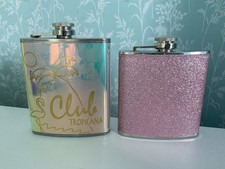 2 x Ladies Stainless Steel Pocket Hip Flasks / Pink Sparkly and Club Tropicana