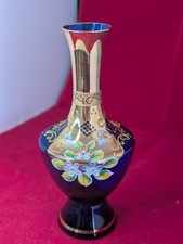 Blue Bohemian Czech Glass Decanter, hand painted enamel flowers ,missing stopper