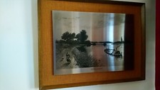 Silver Coloured Metal Style Picture, River Scene Barge with Wooden Frame 