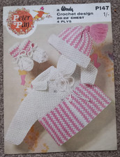 Vintage Peter Pan P147 4 Ply Crochet Pattern Baby Coat, Cap, Mittens