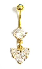 Gold Plated Heart Navel Bar Belly Button Ring Gold  CZ Crystal 316L -UK SELLER