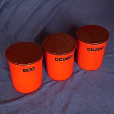 RARE RETRO RED GLAZED 'T.G.GREEN CHURCH GRESLEY 'TEA/COFFEE/SUGAR' LIDDED JARS