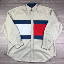 Men's Vintage Tommy Hilfiger Beige Colour Block Long Sleeve Shirt Size L Fits XL