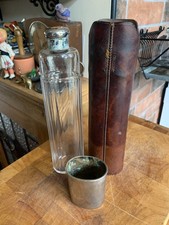 Victorian Saddle Hunting Flask.  Glass & Silver Plate in Leather Holster