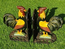 Vintage Pair of Barnyard Chicken Rooster Cast Iron Bookends poultry Farm house