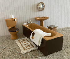Vintage Lundby Dolls House "French Mustard"  Brown  Bathroom Suite & Accessories