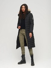 Superdry Women's Fuji Hooded Longline Puffer Black Coat rrp £120.