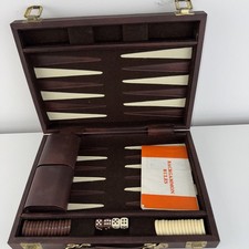 Vintage Backgammon Travel Board Game Faux Brown Leather Case l@@k!!!
