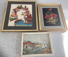 3 x Framed Embroidered  x stitch pictures - Village / Poppy /seascape
