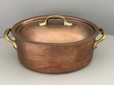 Vtg French Small Copper 8” Oval Roast Pan Pot Casserole Tin Lined Brass Handles