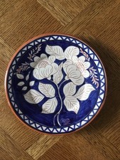 Vintage clay blue & white floral Hand Painted Plate. Portuguese. Signed Gina. 