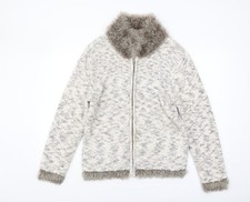 Elizabeth Scott Women's Ivory Cardigan L, Fur Trim