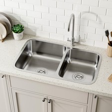 2.0 Double Bowls Undermount Inset Kitchen Sink Stainless Steel Drainer Waste Kit