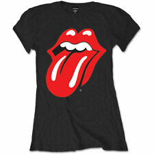 Official Rolling Stones Classic Tongue Ladies Black T Shirt Skinny Fit Tee